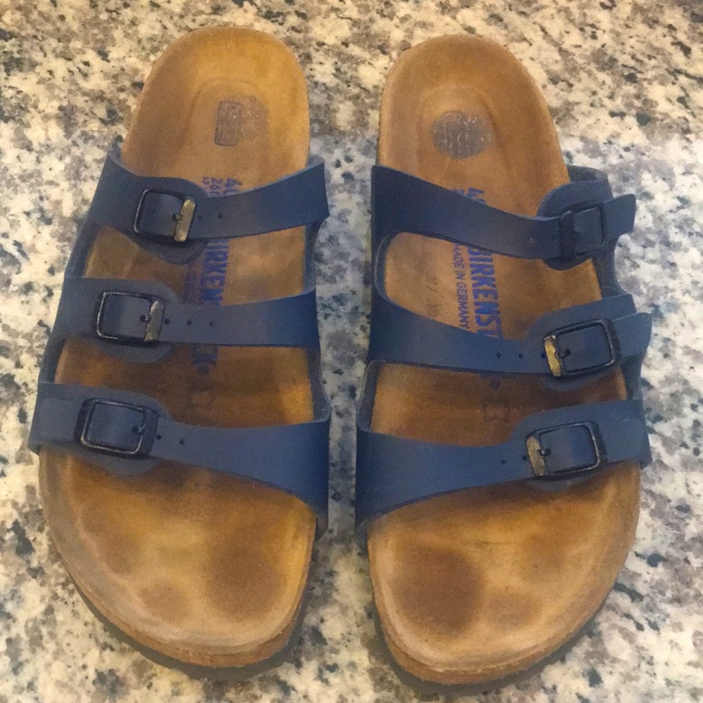 Navy Blue Three-Strap Birkenstock Florida Sandals